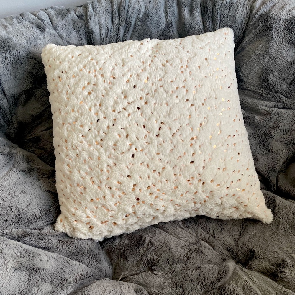 Rose Gold Sequins and White Fuzzy Pillow
